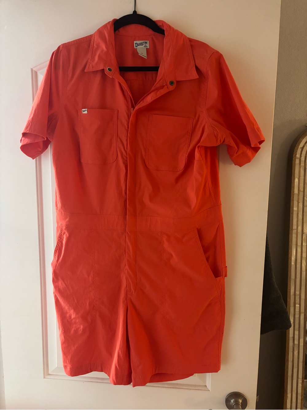 Duluth Trading Co Heirloom Gardening 7” Short Coveralls Romper Bright Orange